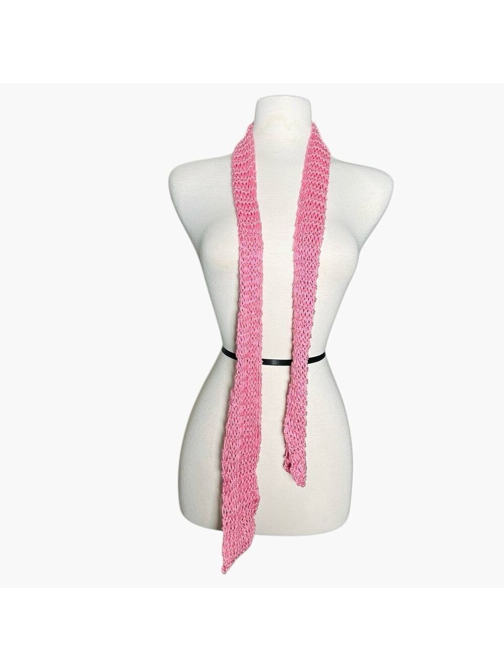 Y2K 2000s Pink Crochet long Skinny Scarf pink silky shimmer knit vintage indie